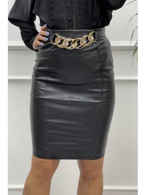 NB934 Spódnica Czarna Ekoskóra Midi + Łańcuch