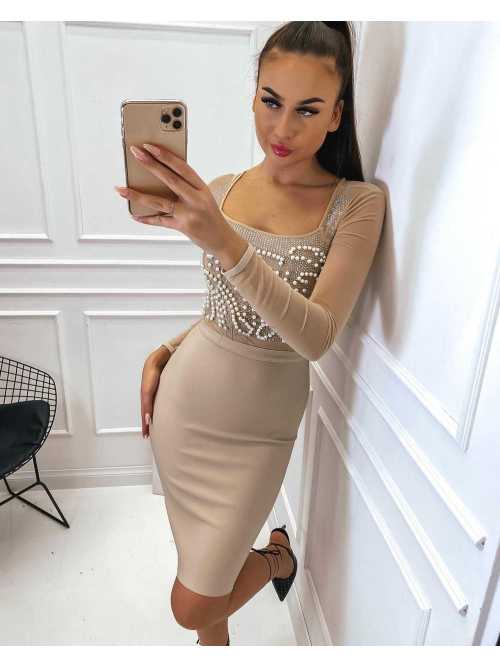 ML483 Sukienka LUXURY Bandage Perełki Beżowa
