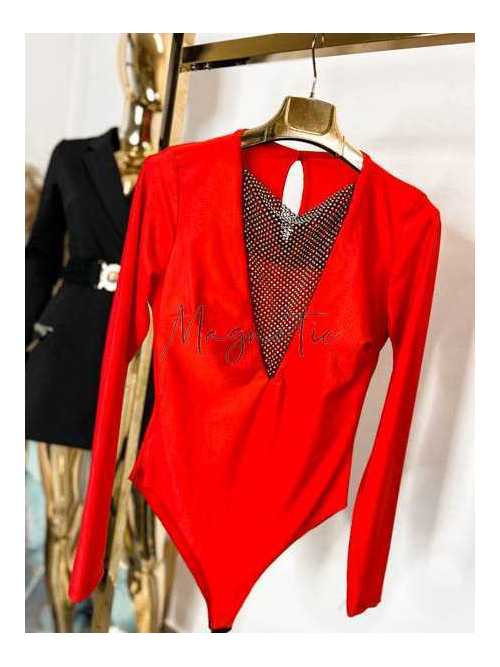 NB004 Eleganckie Body Czerwone + Cyrkonie