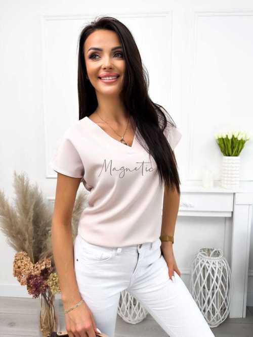 PP768 Elegancka Bluzka z Dekoltem V Beżowa