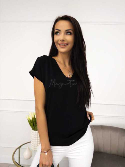 PP768 Elegancka Bluzka z Dekoltem V Czarna