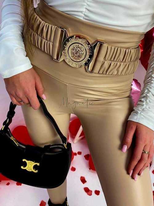 LD491 Legginsy Modelujące Ekoskóra + Pasek Lew Beżowe