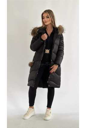 NB879 Płaszcz Zimowy Pikowany z Futrzanym Kapturem Czarny