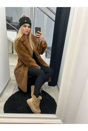 MF745 Płaszcz Długi z Futerka Brązowy