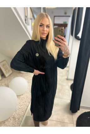 S16 Dłuższy Sweter/Sukienka Warkocz z Broszką Czarny