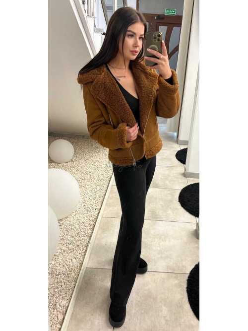 K942 Kurtka Pilotka Kożuszek Zamszowy Z Futerkiem Camel