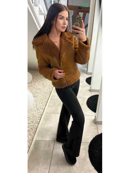 K942 Kurtka Pilotka Kożuszek Zamszowy Z Futerkiem Camel