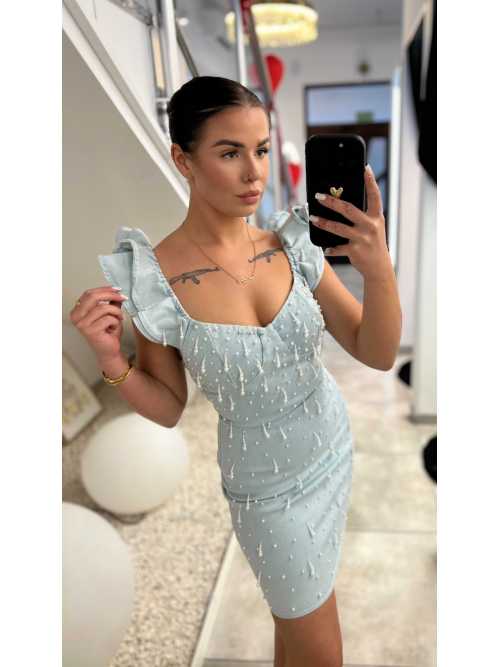 NB187 Sukienka Mini Jeansowa Perełki