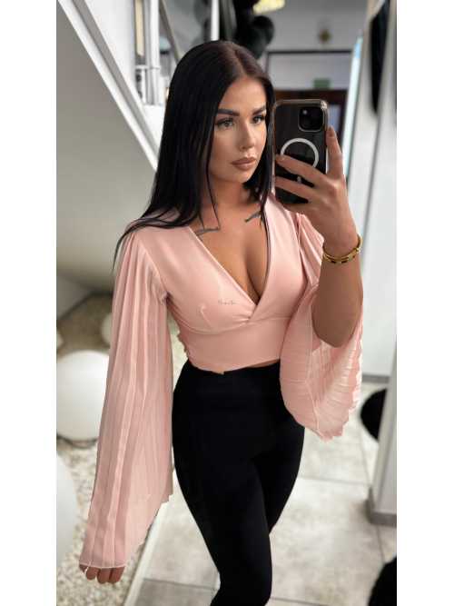 NB262 Wiązana Bluzka Top ,,Bez Stanika" Gładka w Plisy Pudrowy Róż