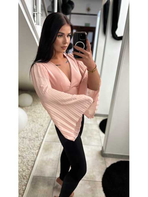 NB262 Wiązana Bluzka Top ,,Bez Stanika" Gładka w Plisy Pudrowy Róż