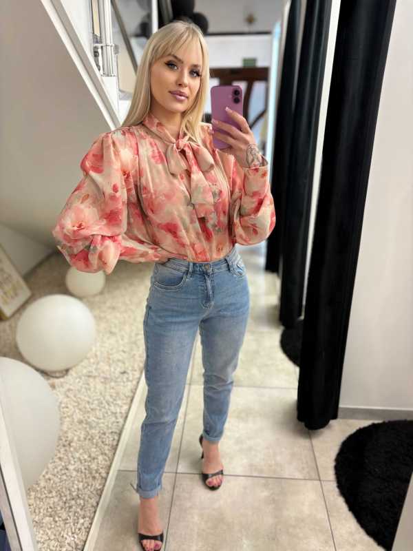 LM387 Elegancka Bluzka Koszulowa Z Bufkami i Wiązaniem Kwiaty