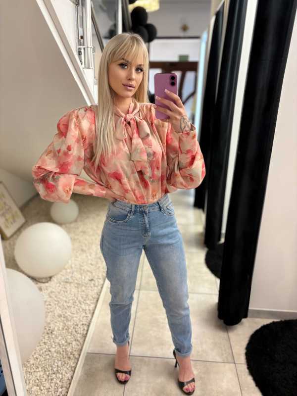 LM387 Elegancka Bluzka Koszulowa Z Bufkami i Wiązaniem Kwiaty