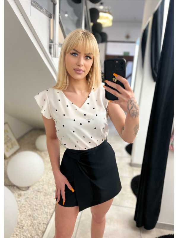 MD291 Elegancka Bluzka z Wiskozy Biała w Groszki