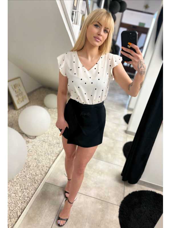 MD291 Elegancka Bluzka z Wiskozy Biała w Groszki