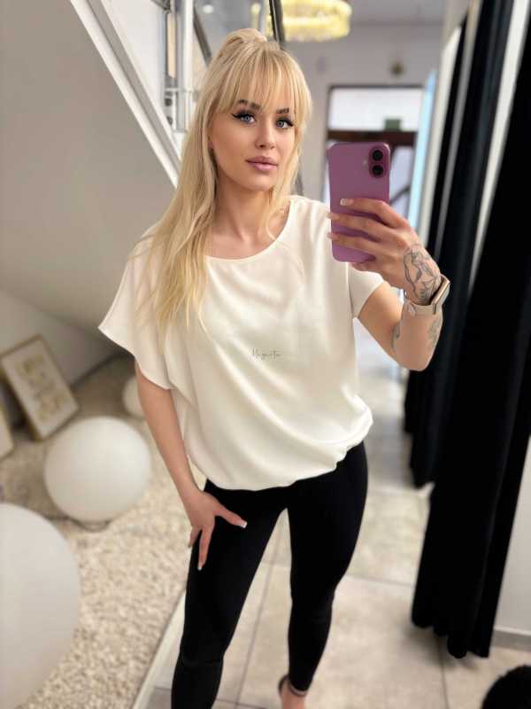 MD292 Elegancka Bluzka z Wiskozy z Gumką Biała