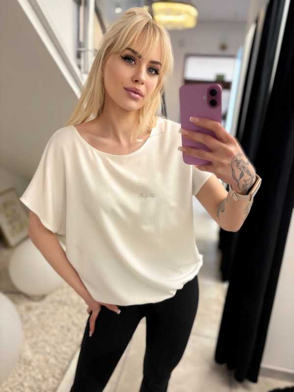 MD292 Elegancka Bluzka z Wiskozy z Gumką Biała