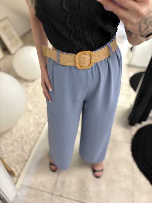 CH412 Zwiewne Spodnie Prosta Nogawka + Pasek Niebieskie