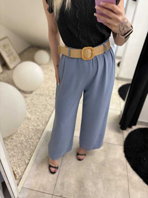 CH412 Zwiewne Spodnie Prosta Nogawka + Pasek Niebieskie