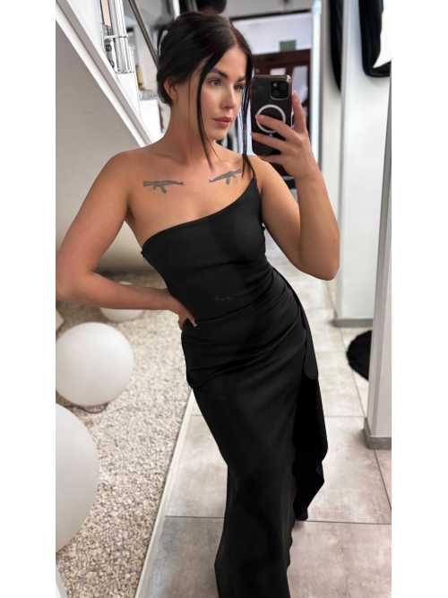 M275 Modelująca Sukienka Maxi Molly Z Rozcięciem i Falbaną Czarna