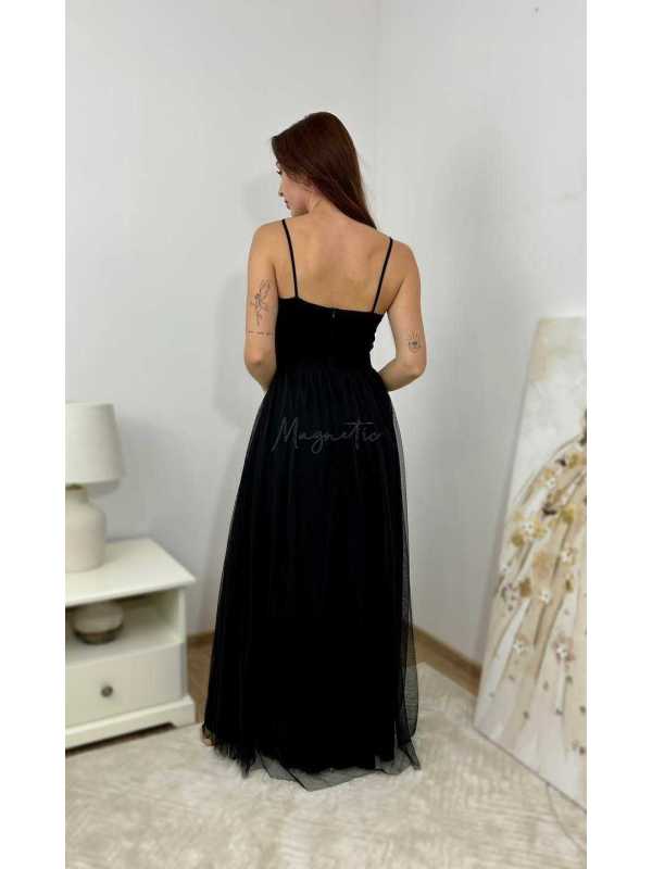 M513 Sukienka Tiulowa Z Rozcięciem Na Cienkich Ramiączkach Czarna