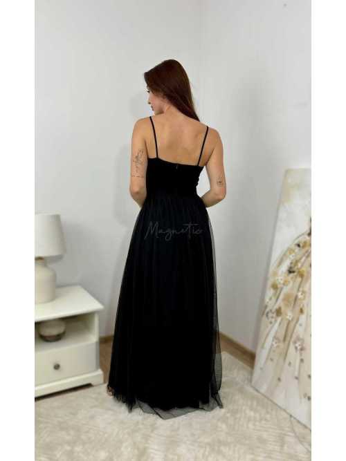 M513 Sukienka Tiulowa Z Rozcięciem Na Cienkich Ramiączkach Czarna