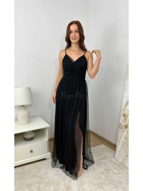 M513 Sukienka Tiulowa Z Rozcięciem Na Cienkich Ramiączkach Czarna