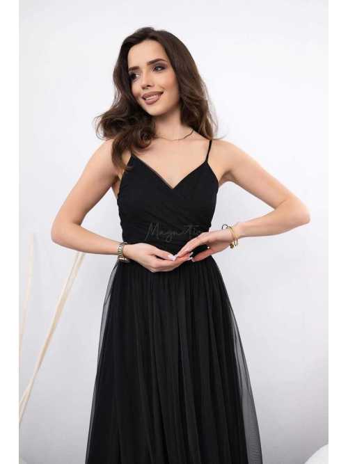 M513 Sukienka Tiulowa Z Rozcięciem Na Cienkich Ramiączkach Czarna