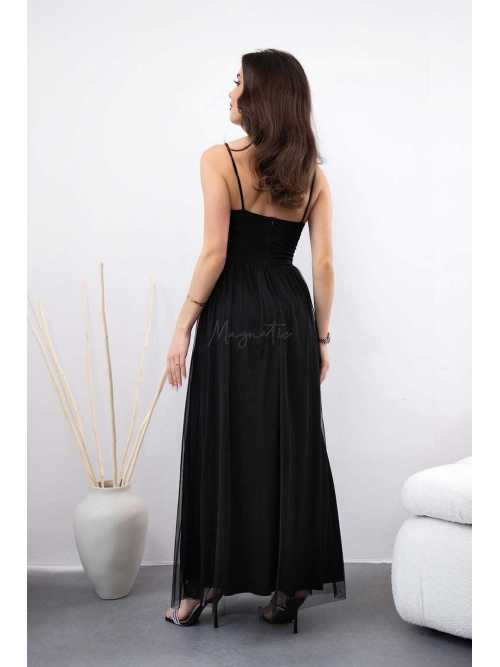 M513 Sukienka Tiulowa Z Rozcięciem Na Cienkich Ramiączkach Czarna