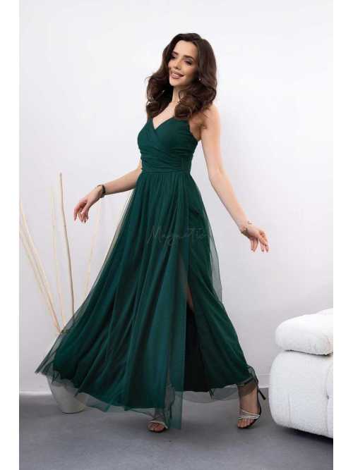 M513 Sukienka Tiulowa Z Rozcięciem Na Cienkich Ramiączkach Szmaragdowa