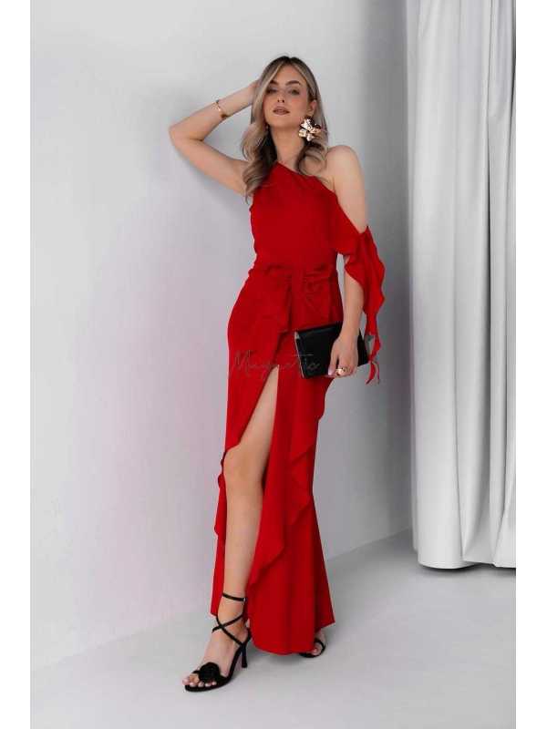 M555 Modelująca Sukienka na Wesele Maxi z Kokardą Czerwona