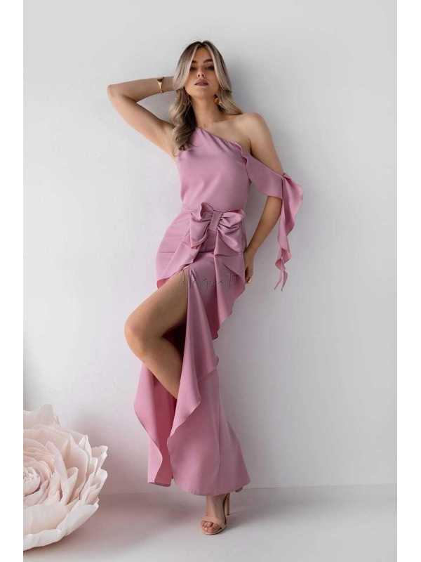 M555 Modelująca Sukienka na Wesele Maxi z Kokardą Pudrowy Róż