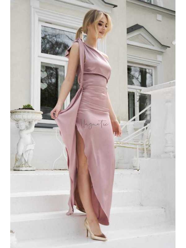 M533 Satynowa Sukienka Lovely na Wesele Maxi Pudrowy Róż