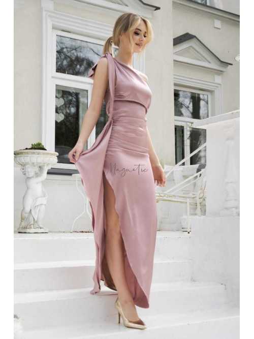 M533 Satynowa Sukienka Lovely na Wesele Maxi Pudrowy Róż