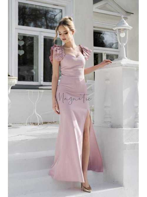 M557 Modelująca Sukienka na Wesele Hiszpanka Maxi Pudrowy Róż