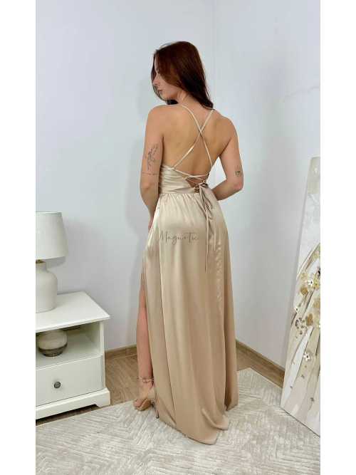 M565 Klasyczna Sukienka na Wesele Maxi Satin Beżowa