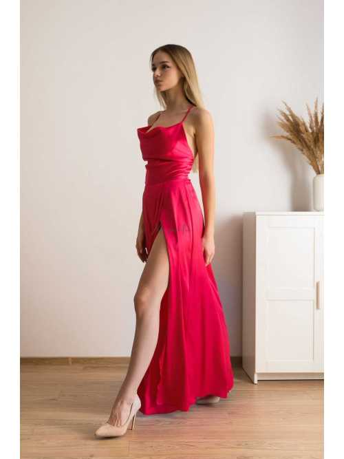 M565 Klasyczna Sukienka na Wesele Maxi Satin Fuksja