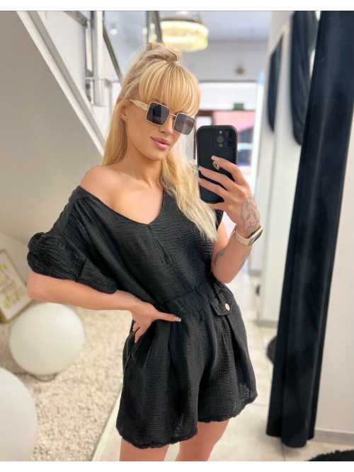 CH502 Zwiewna Bluzka Oversize z Muślinu Czarna