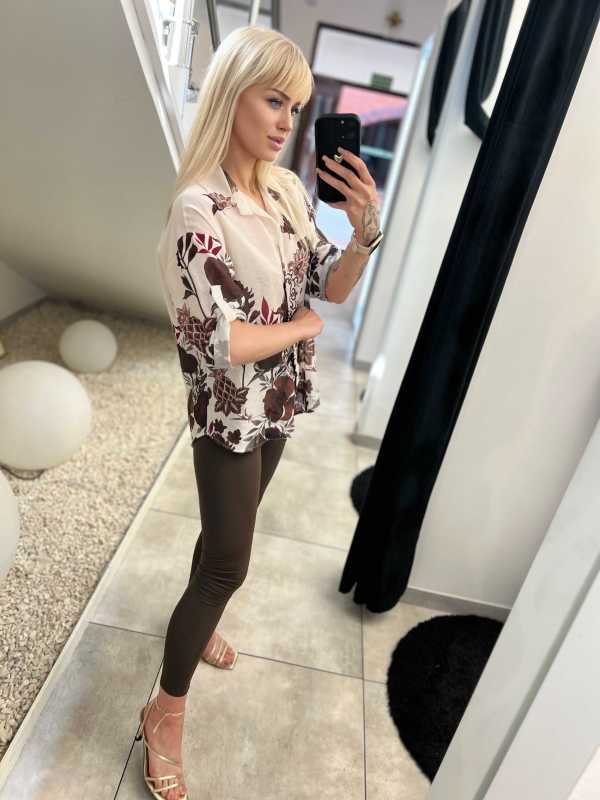 CH487 Koszula z Wiskozy Brązowe Kwiaty