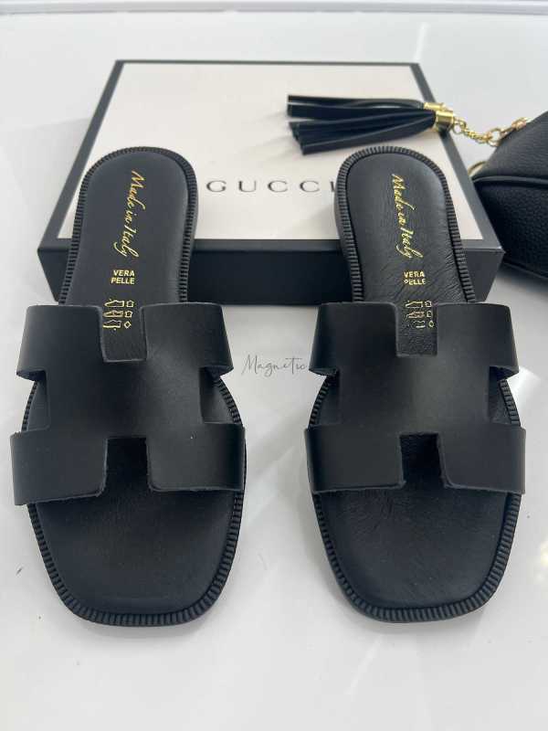 B405 Klapki Herms Skóra Naturalna Czarne