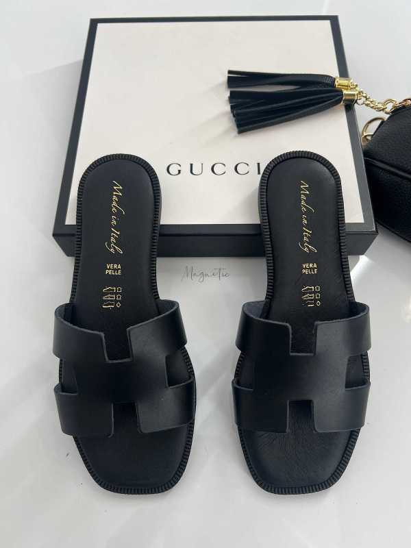 B405 Klapki Herms Skóra Naturalna Czarne