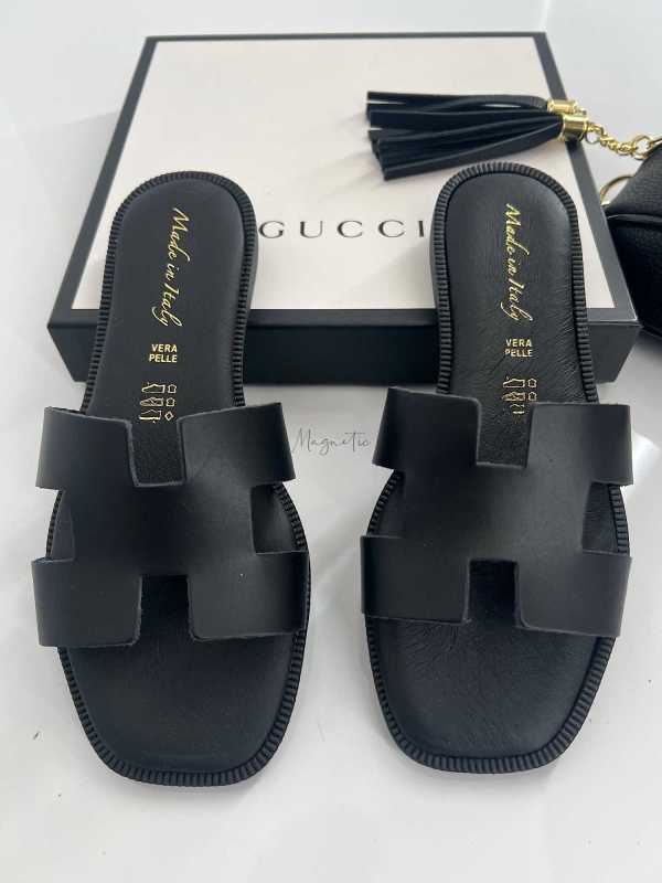 B405 Klapki Herms Skóra Naturalna Czarne