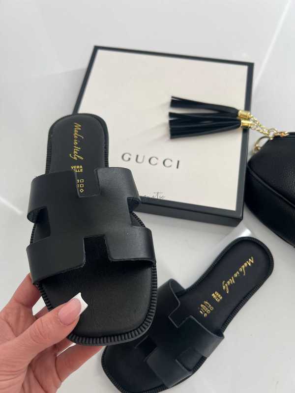 B405 Klapki Herms Skóra Naturalna Czarne