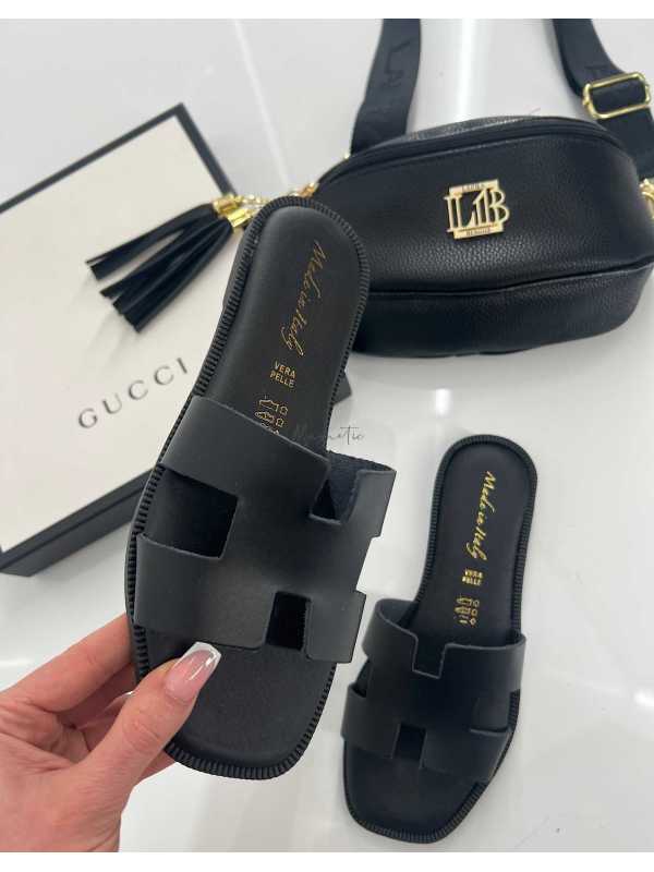 B405 Klapki Herms Skóra Naturalna Czarne