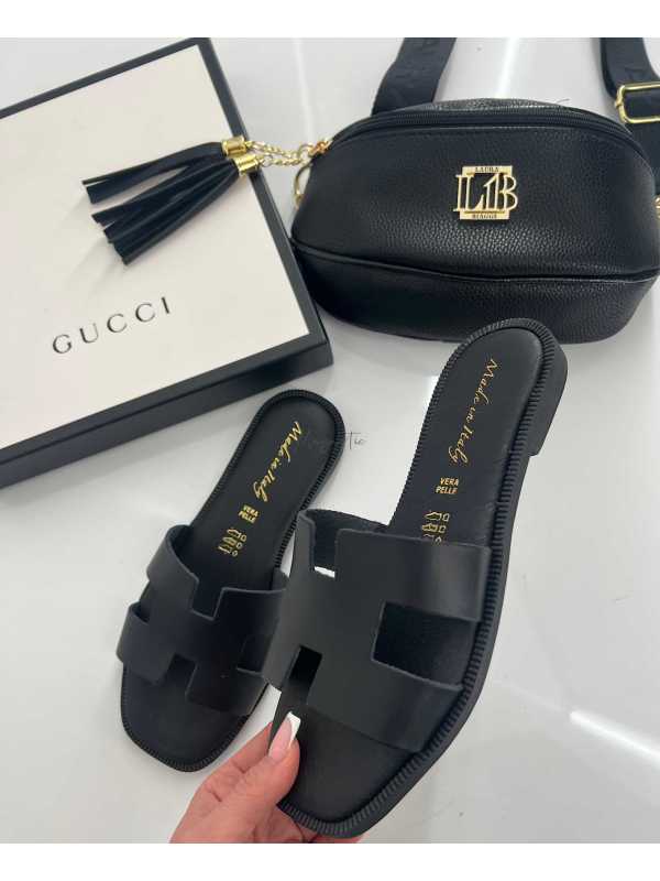 B405 Klapki Herms Skóra Naturalna Czarne