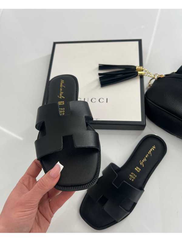 B405 Klapki Herms Skóra Naturalna Czarne