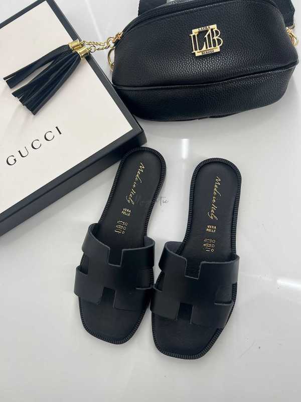 B405 Klapki Herms Skóra Naturalna Czarne