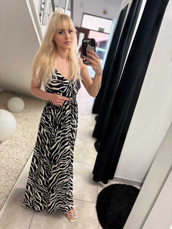 MS244 Sukienka Lindy Maxi 100% Wiskoza Czarmo-Biała Zebra
