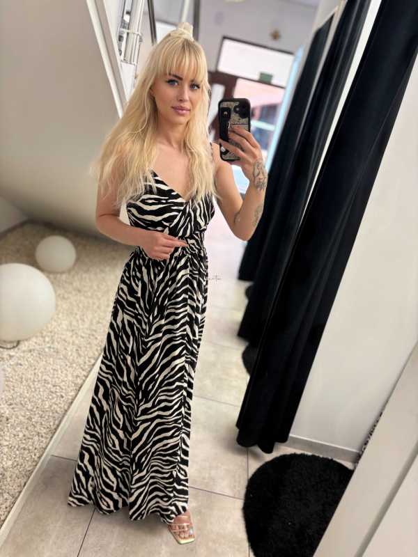 MS244 Sukienka Lindy Maxi 100% Wiskoza Czarmo-Biała Zebra