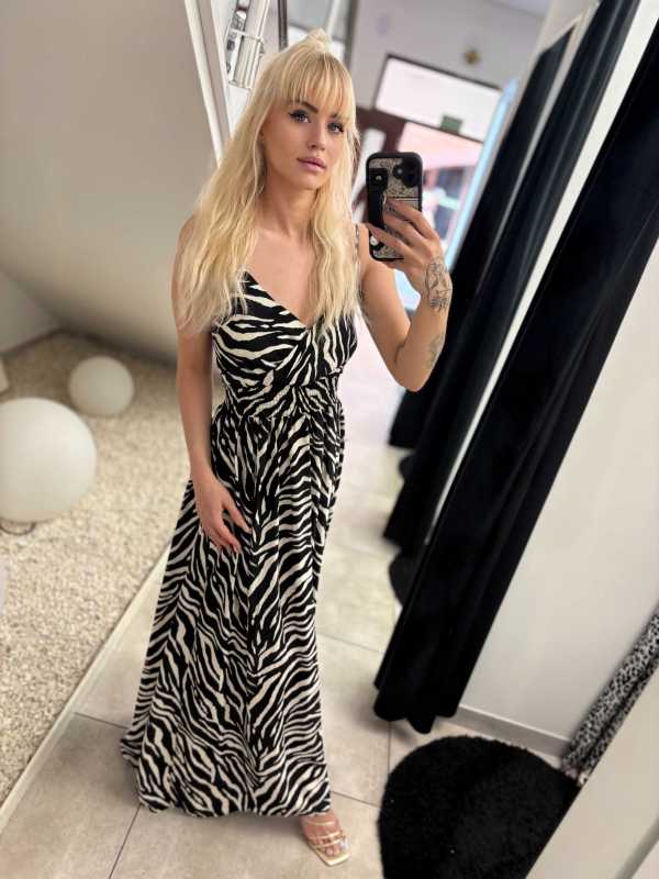 MS244 Sukienka Lindy Maxi 100% Wiskoza Czarmo-Biała Zebra