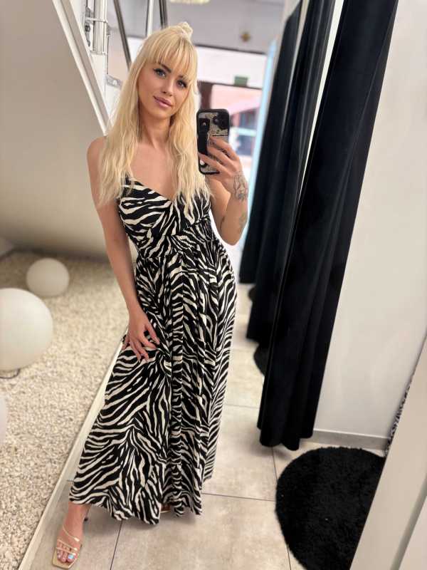 MS244 Sukienka Lindy Maxi 100% Wiskoza Czarmo-Biała Zebra